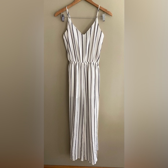One Clothing: White Jumpsuit Romper with Black and Maroon Pattern Stripes - Picture 15 of 17